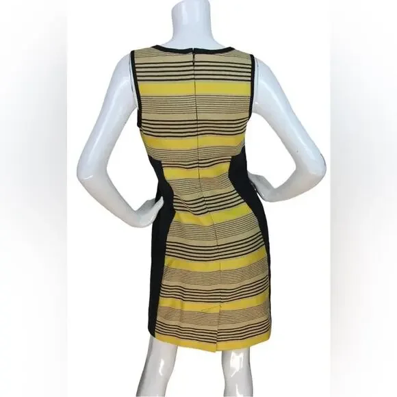 EUC Sea New York Women Black yellow tan striped shift linen dress 4 - Picture 4 of 7
